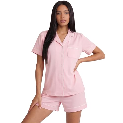 Image of HEARTNICE Pajamas for Women, Button Down Pajama Shorts Set Summer Solid Pjs Sets