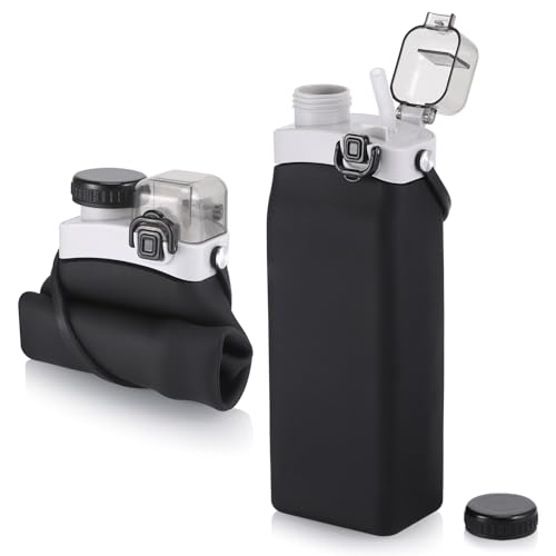 Fentar Botella Plegable, 600 ml Botella Plegable Silicona, Botella Agua Plegable Resistente Al Calor, Botella Agua con Pajita, Botella Agua sin BPA, Botella a Prueba de Fugas, Negro