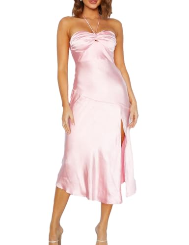Image of VUBIYA Women's Summer Satin Strapless Slit Halter Midi Dress Wedding Guest