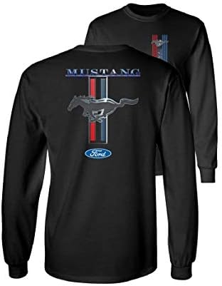Ford Mustang Pony Racing Stripe 5.0 Muscle Shelby Long Sleeve T-Shirt Front Back Print-Black-Large
