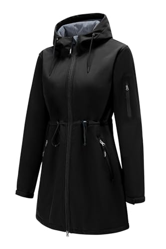 FARVALUE Lange Softshelljacke für Damen, wasserdicht, leicht, warm, winddicht, mit Kapuze, Fleece, gefüttert, Regenmantel für den Außenbereich, Schwarz, XL