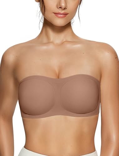 Vertvie Womens Strapless Bra Jelly Push Up Seamless Bandeau Bra Wireless Non Slip Silicone Tube Top Bras Padded Bralette(Coffee Medium)