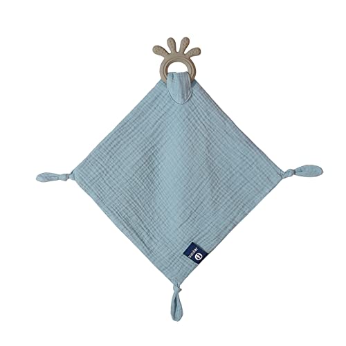 Baby Muslin Security Blanket with Food Grade Silionce Teether,Soothe Teething Toy for Boys and Girls,100% Polyester (Blue)