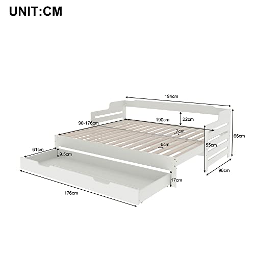 Merax 3FT Single Daybed, Single Guest Bed Sofa Bed with Trundle and Storage Drawer, Cabin Bed for Living Room and Bedroom, 90 x190 cm, White - 2