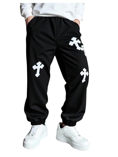 Floerns Boy's Y2k Cross Print Long Pants Elastic Waist Streetwear Jogger Pants