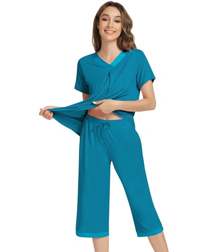 Image of NACHILA Bamboo Viscose Capri Pajamas for Women Cooling Short Sleeve Pjs | 2 Piece Summer Sleepwear with Pockets, Soft Loungewear, Moisture-Wicking Lounge Set, Lace Trim, V Neck, Drawstring