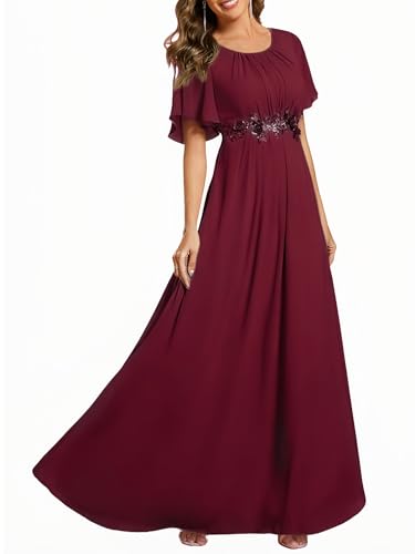 Image of Ever-Pretty Women's Classic Round Neck Pleated Short Sleeves Chiffon Appliques Floor Length A Line Formal Evening Dresses