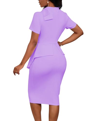 Image of WanMem Women Formal Bodycon Peplum Cocktail Dress Short Sleeve Bow Ruffle Pencil Party Midi Dresses