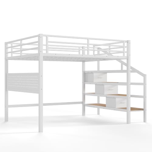 Image of Bellemave Queen loft Bed with Movable Desk and Storage Stairs, Shelves, Metal Loft Beds with LED Lights, USB Ports, Multifunctional Iron Nets for Adults, Kids, Teens, White