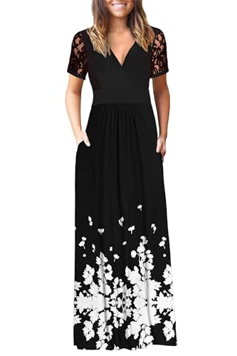 Image of AUSELILY Maxi Dresses for Women Summer Lace Short Sleeve V Neck Wrap Dress | Lace Short Sleeve, Two Pockets, V-Neck Wrap Waist Long Dress