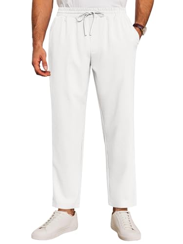 Runcati Mens Casual Pants Drawstring Elastic Waist Lightweight Cropped Linen Pants Summer Yoga Beach Trousers