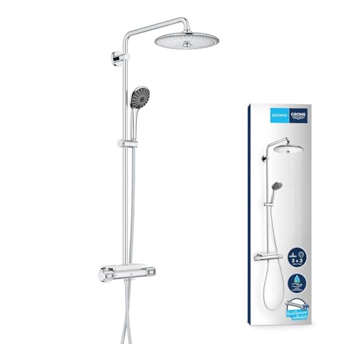 GROHE Vitalio Joy 260 Duschsystem mit Thermostat (wassersparende Regendusche mit 3 Strahlarten Sicherheitssperre bei 38C Duscharmatur inkl. Duschablage inkl. Werkzeug) chrom 26403002