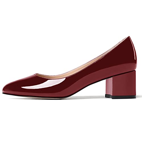 MODENCOCO Women s Burgundy Chunky Round Toe Slip On Solid 2 Inch Low Heel Patent Pumps Wedding Evening Shoes Size 8.5 - Zapatos de Mujer de Tacon Bajo