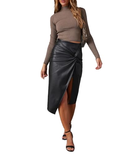 SEMATOMALA Women's High Split Wrap Twist Faux Leather Midi Skirt Casual Business Elegant PU Leather Pencil Skirts4