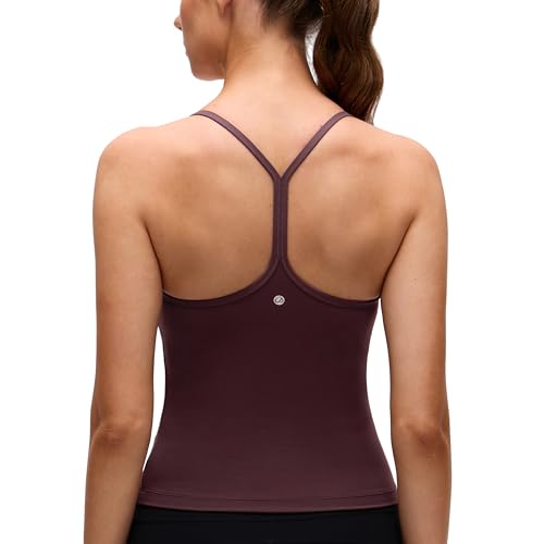 CRZ YOGA Butterluxe Racerback Tank Tops for Women - Scoop Neck Spaghetti Strap Padded Workout Camisole with Built in Bra Ripe Plum Small