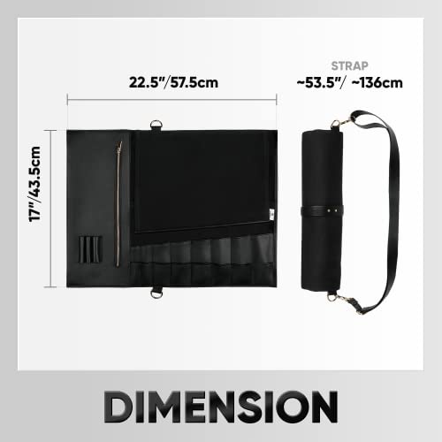 Retrieved Tools Durable Waxed Canvas Knife Roll Bag - 16 Total Slots For Knives & Kitchen Tools, A Large Zipper Pocket For Cutlery, Blades Case, Portable Black Pouch With An Adjustable Shoulder Strap #TOP4