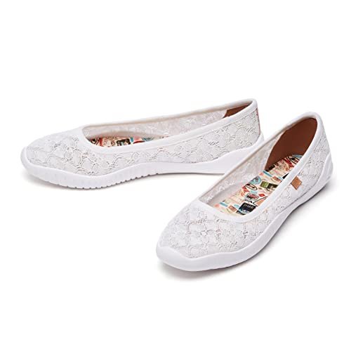Uin Women's Art Painted Lace Ballet Flats Slip On Pointed Toe Casual Loafers Lightweight Comfort Travel Shoes Menorca White (5) #TOP3