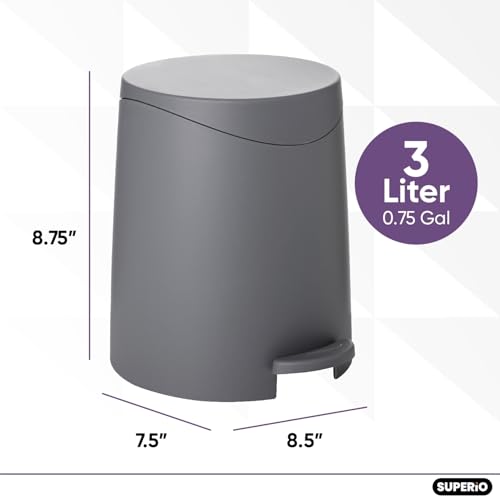 Image of Superio MIni Trash Can with Lid 3 Liter Grey, Plastic Mini Waste Bin 0.75 Gallon, Modern Flat Lid Step Trash Can with Foot Pedal, Bathroom, Bedroom, Office, Under Desk, Soft Close