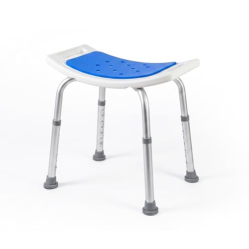 Mobiclinic®, Taburete de Baño, Altura Regulable 42 a 57,5 cm, Asiento de EVA Pad Antideslizante, Ligera, Agujeros Drenaje, Conteras Antideslizantes, Diseño ergonómico Curvado, Aluminio, Santana