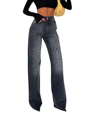 utcoco Womens Leopard Jeans Distressed High Waisted Straight Leg Y2k Trendy Denim Pants