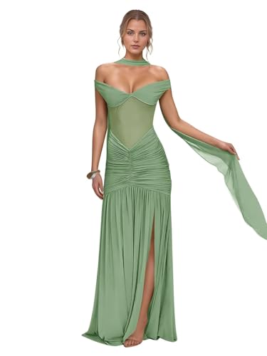 ALFEICE V Neck Bridesmaid Dresses Pleated Chiffon 2025 Off Shoulder Flowy Formal Evening Wedding Guest Dress with Slit
