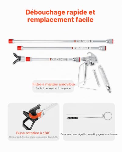 VEVOR Kit Pistolet pulvérisateur Peinture sans air et Tuyau, 248 Bar, Ensemble tuyaux pulvérisation de Peinture Haute Pression avec 5 Embouts, Joint pivotant, avec filtres, Tuyau et tiges d'extension – vue 5