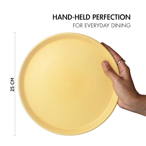 Image of Ceramic Dinner Plates, 2 Pcs | Rim Plate for Easy Eating | Microwave, Oven, Dishwasher Safe | Set of 2 Ceramic Plates for Dinner | Handmade | (Aamras Yellow, Dinner Plate)