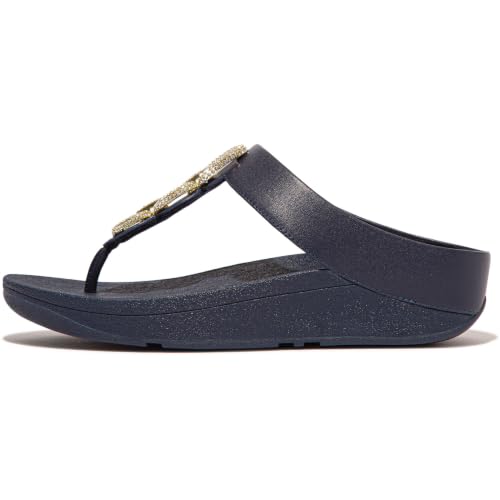 Image of FitFlop Women's Fino Classic Crystal-Chain Leather Toe-Post Sandals | Leather, Cushioning, Rhinestones, Casual, Slip-On