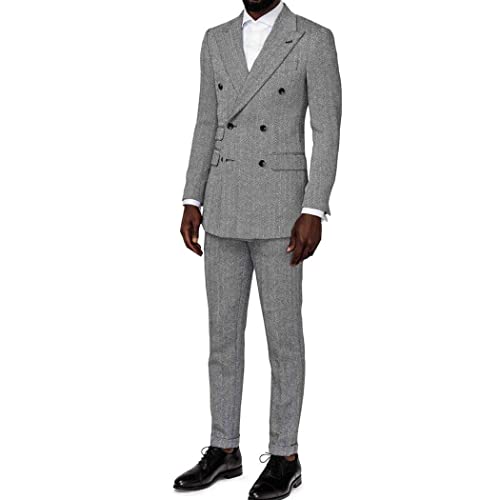 Men Double Breasted Blazer Herringbone Checkered Tweed Peak Lapel Grooms Prom Slim Fit Tuxedo Suit Jacket Pants