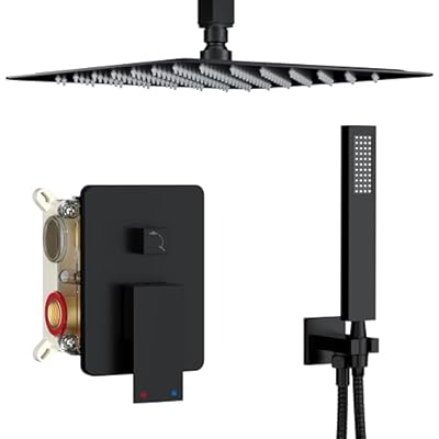 HoliSpa Ceiling Mount Shower Faucet Set, Black Shower System with 10-Inch Rain Showerhead and Handheld Spray Combo, High-Pressure Showerheads Set with Valve and Trim Kit, Matte Black