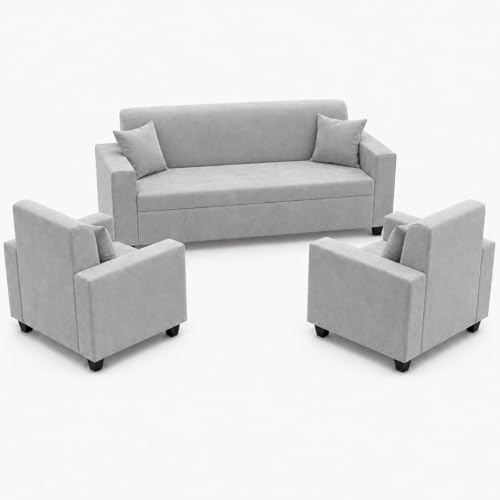 Image of FURNY QualityWood 3 Seater + 1 Seater + 1 Seater Fabric Sofa Set (Light Grey) with Velvet Finish | Durable Comfort | Ideal for Living Room