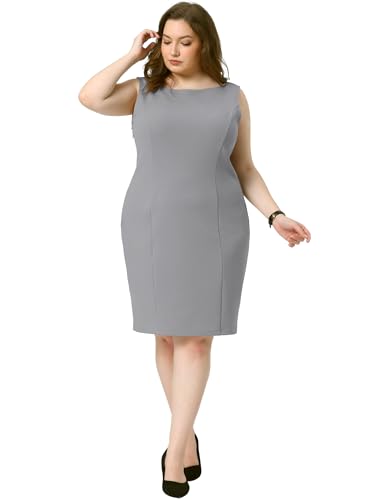 Image of Agnes Orinda Plus Size Sheath Dress for Women Sleeveless Boat Neck Casual Straight Pencil Work Dresses