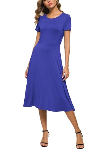 Image of EXCHIC Women's Casual Round Neck Short Sleeve Midi Dress Solid Stretchy Waist Knee Long Dress