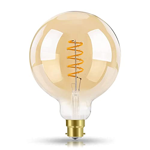 EXTRASTAR Vintage LED Light Bulb, B22 Bayonet Cap 6W(42W Equivalent) G125 Large Globe LED Spiral Filament Bulbs, 500LM, 2200K Warm White, Old Fashioned Bulbs, Amber Glass, Non-dimmable, 1 Count