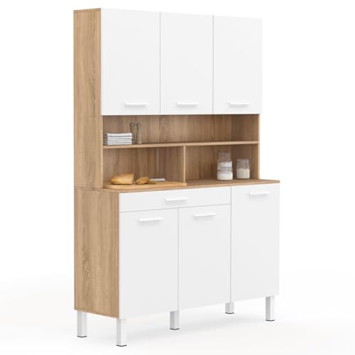 IDMarket - Aparador de cocina 120 cm CINA 6 puertas + cajón de haya y blanco