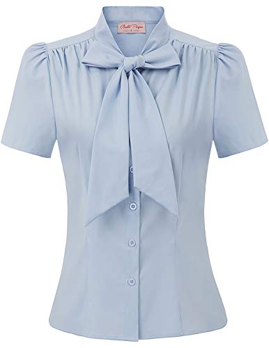 Image of Belle Poque Summer Short Sleeve Office Button Down Blouse Stripe Shirt Tops with Bow Tie BP573