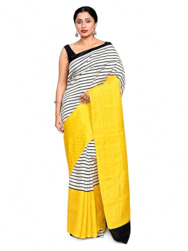 OD AD Women’s Pure Murshidabad Silk Yellow White & Black Striped Saree with Contrast Yellow Pallu and Blouse P