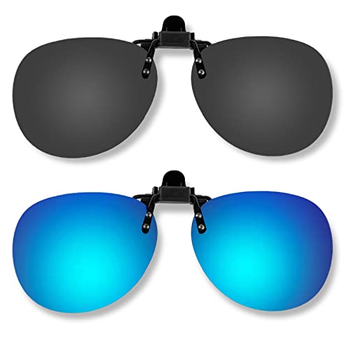 Auptiz Lot de 2 paires de lunettes de soleil, lunettes de soleil à clipser, lunettes de soleil polarisées UV400 pour hommes et femmes, conduite, pêche, sport, bleu/noir, 15*7cm