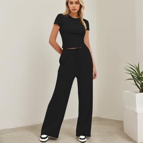 KOEMCY Ensemble Femmes Élégant Deux Pièces Été Décontracté Slim Fit Short Sleeve Top et Cordon Pantalon avec Poches Survêtement Suit Loungewear Set Casual Outfit (Noir,S) – vue 4
