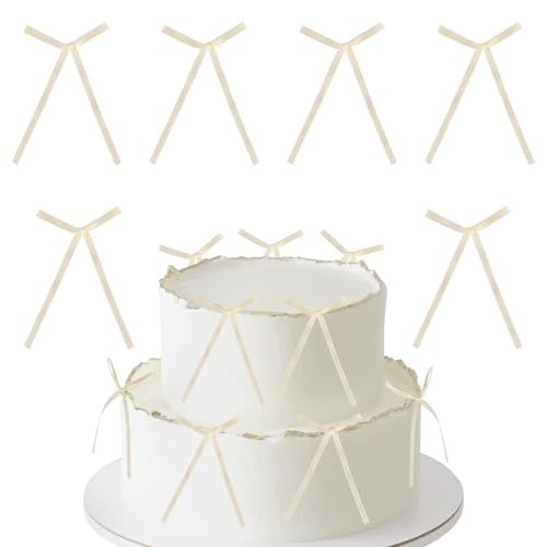 30 adornos para tartas con lazos blancos, decoración de pasteles de lazos blancos, decoraciones de lazos para cumpleaños, boda, aniversario, baby shower, lazos beige para envolver regalos, suministros