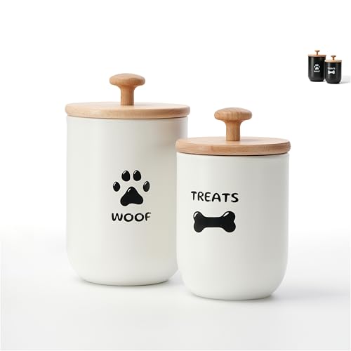 OTTENON Dog Treat Container Set of 2, Dog treat jar with Airtight Lid, Small dog food container, Dog Cookie Jar for kitchen Counter, Treats Canister, Pet Treat Container 8.3x4.9 & 7.1x4.3 (White)