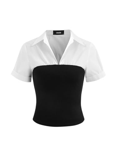 CIDER Shirts for Women Solid Collar Two Tone Patchy Regular Fit Short Sleeve Knit Shirt Blouse Tops