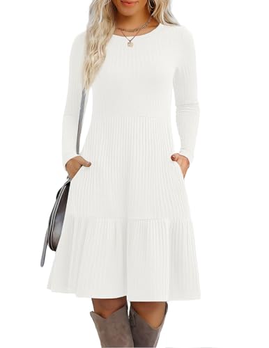 Zeagoo Womens Long Sleeve Fall Dresses with Pockets 2025 Flowy Casual Ribbed Knit Crew Neck Knee Length Sweater Dress