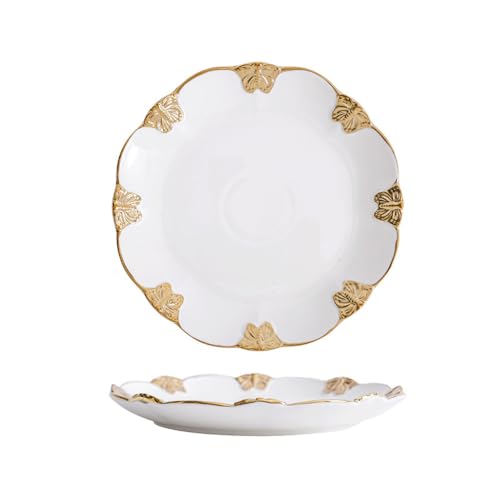 Placa De Filete Con Borde Dorado Cerámica Vajilla Desayuno Occidental Hogar Comedor Postre (Plato redondo,10 pulgadas)