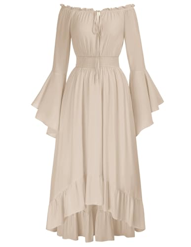 Scarlet Darkness Renaissance Dress Women Off Shoulder Bell Sleeve Peasant Pirate Dress Beige XXL