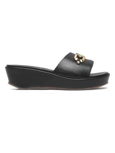 Image of Bruno Manetti Women's Slipon Back Open with Upper Golden Buckle Round Toe Comfort Platform Wedges