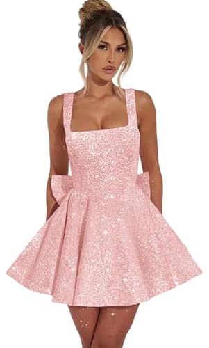Puffy Sequin Homecoming Dresses for Teens with Bow Wide Strap Sparkly Short Prom Cocktail Party Dress
