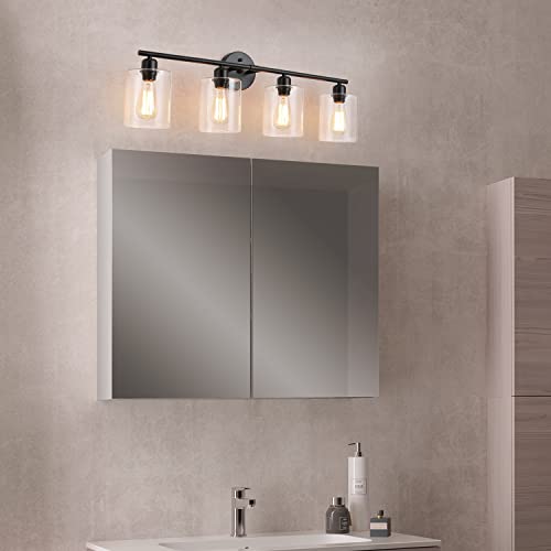 WishStern 4-Lights Bathroom Vanity Lights Fixtures Over Mirror,Matte Black Bathroom Wall Light,Modern Bathroom Lighting Fixture with Clear Glass Shade,Farmhouse Wall Sconces Lighting for Bath