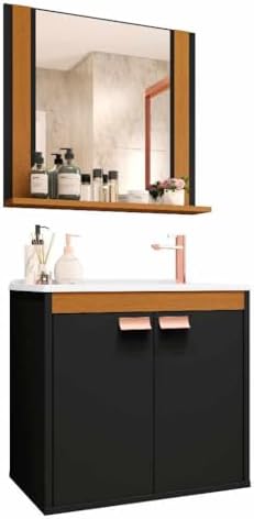 Gabinete Banheiro em MDF C/Espelho e Cuba Dallas (Preto/Nature)
