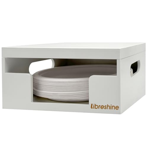 Libreshine 8-10 Inch White Paper Plate Holder Dispenser, Stackable Bamboo Organizer for Disposable Plates, Bowls & Air Fryer Liners, Space-Saving Cabinet/Countertop Storage for Kitchen, Pantry, Camper